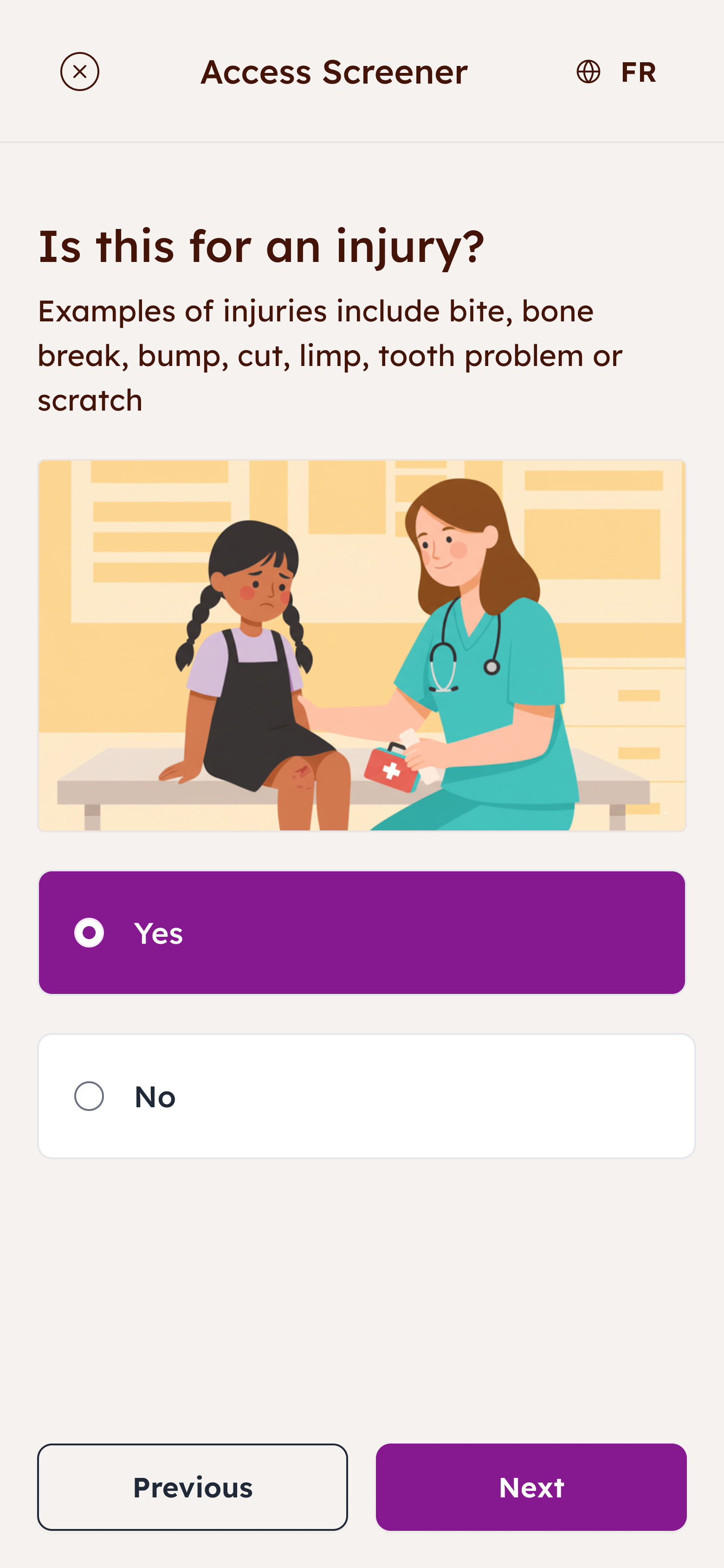 Screen with injury-related question showing Yes and No radio buttons